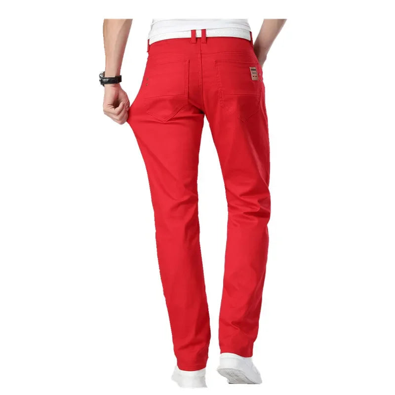 White Jeans Men Plus Size 36 38 40 Loose Oversized Red Trousers Stretched Denim Mens Casual Slim Fit Straight Elastic Man Pant