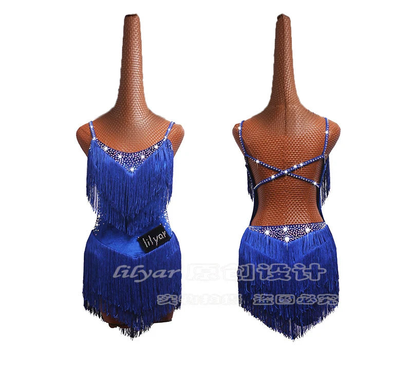 Latin Dance Dress Competition Costumes Skirt Performing Rhinestones Adult Children Tassel Various Color Red  White