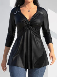 Plus Size Women Twist Blouse Fake PU leather Elegant V-Neck Long Sleeve Slim Flowy Blouse Autumn Solid Color Casual Blouse Shirt