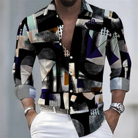 New men's artistic printed long-sleeved shirt, retro color-blocked design, casual shirt, versatile and stylish top for commuting