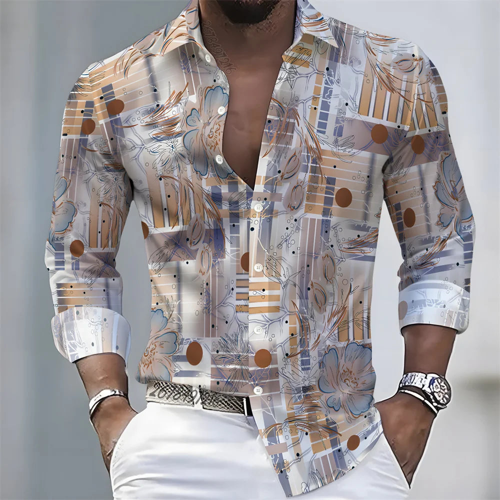Summer lightweight men's printed long-sleeved shirt, retro floral plaid color-blocked casual shirt, Hawaiian vacation style top.