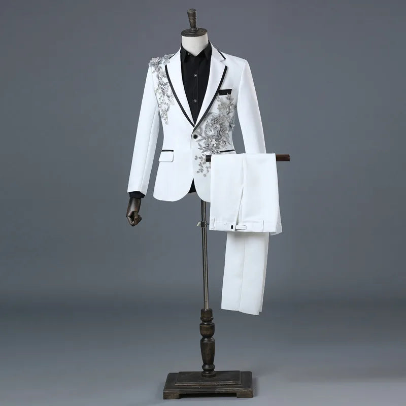 Temperament Gentleman Men's Suit Set Fashion Three Dimensional Marquetry Diamante Evening Dress Gorgeous Slim Groomsman Suits