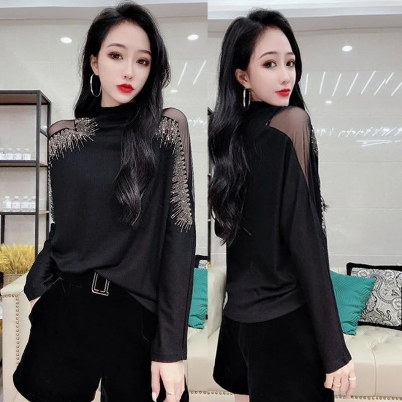 Graphic Turtlenecks Korean Fashion Pullover Clothes Top Women's Tshirt Clothing Rhinestone T Shirts for Women Streetwear Sequin