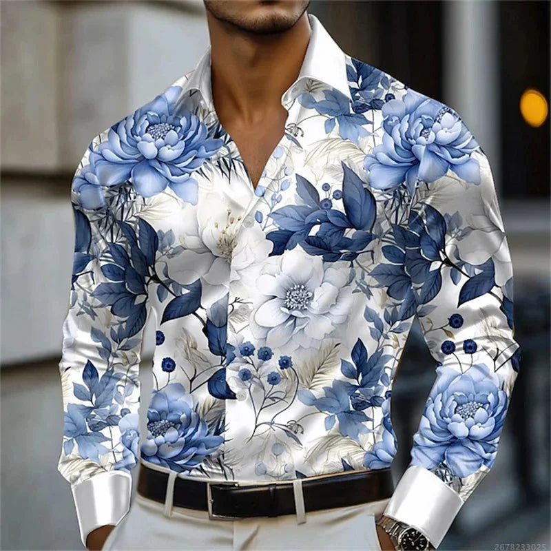 Men's shirt abstract liquid art 3D print shirt, spring and autumn lapel long-sleeved shirt, fashionable casual men's top
