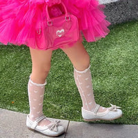 Lolita Skirt Base Socks White Lace Thin Ruffle Long Knee-high Sock for Kids Baby Princess Style Heart Bow Pattern Mesh Stockings