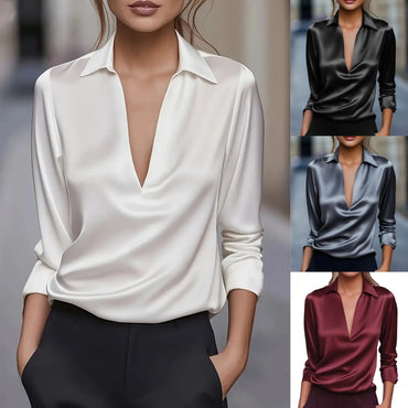 Women's Elegant Dressy Satin Work Shirt Plain Modern Casual Long Sleeve Shirt Collar Regular Tops