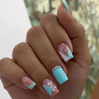 Summer Blue Green Butterfly Nail Art Square False Nails Love Design Fake Nails Fake Fingernails Full Cover Press on Nails 24Pcs