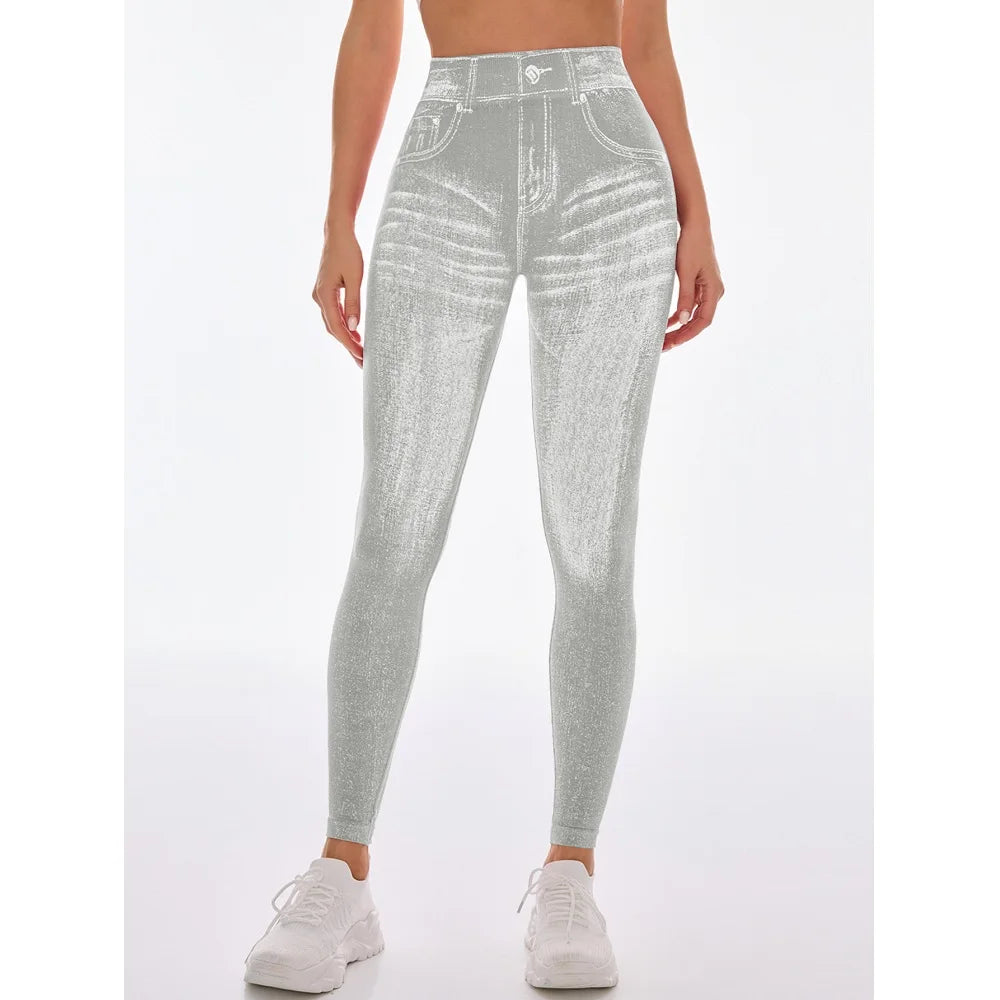  Women Sport Yoga Leggings Faux Jeans Skinny Tight Seamless Fitness Outerdoor Pants