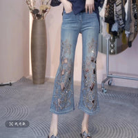 Heavy Industry Hollow Out Embroidered Jeans For Women 2025 New Summer Fashion Slim Ankle-Length Denim Pants Eight Points Jeans