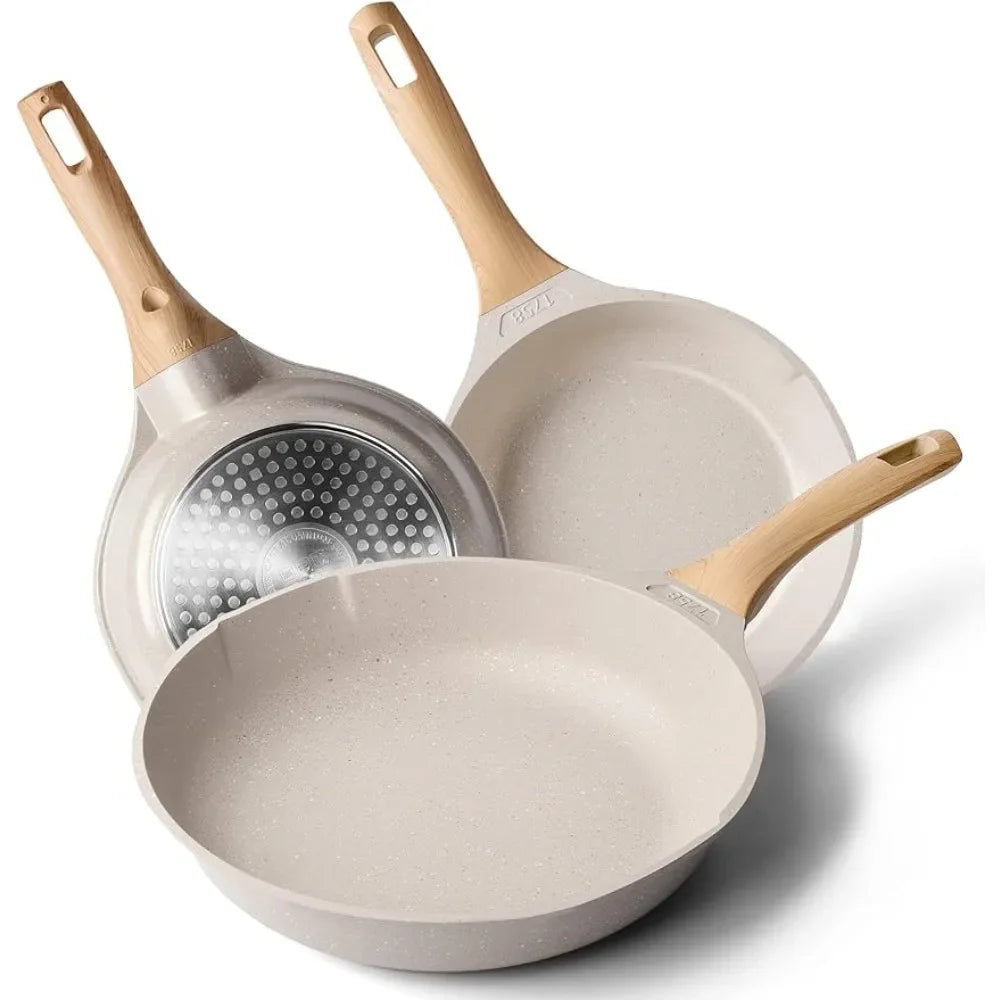 Cooking Omelette Non-Stick Cookware Set, Healthy Kitchen Skillet Non Sticking Stone Pot and Pan Set (8", 9.5" & 11") Beige