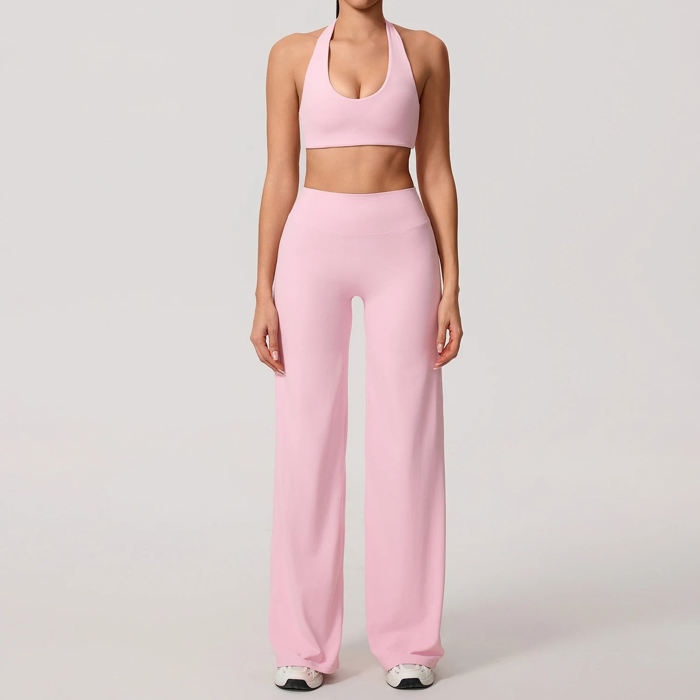 Hearuisavy Summer Yoga Set 2Pcs Women Breathable Backless Halter-Neck Sports Bra Push Up Pilates Fitness Top Straight Leg Pants