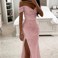 New Women Vintage Sequined V Neck Off Shoulder Slim Sexy Split Long Dress Evening Party Maxi Dresses Party Sequin Dress