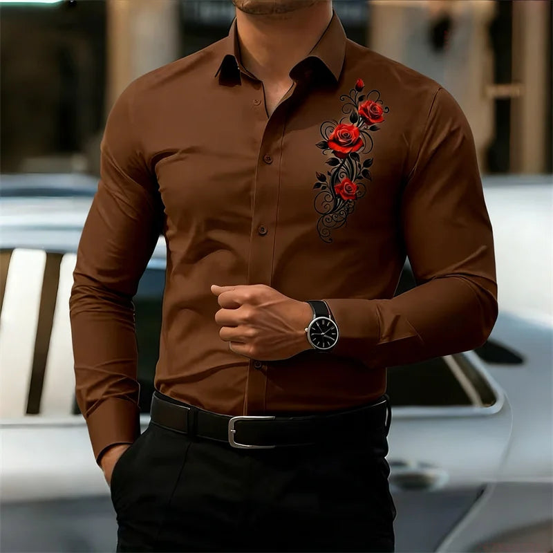 Men's long-sleeved shirt, featuring a vintage red rose print design.  A stylish business casual shirt and fashionable men's top.