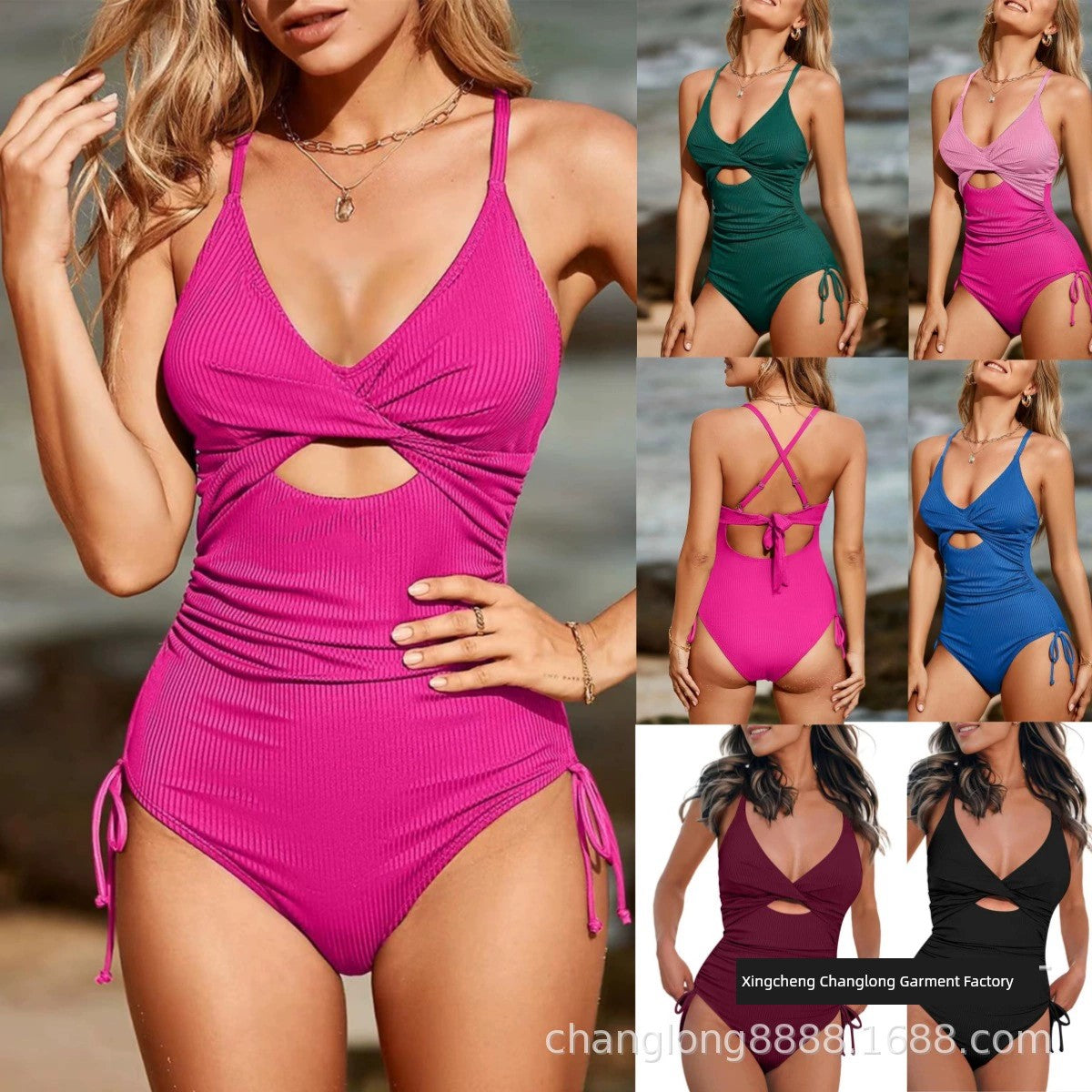 2024 Cross-Border One-Piece Swimsuit Chest Cross Pit Striped Solid Color Fashion Export Swimsuit Amazon In Stock