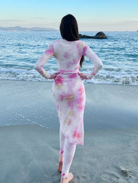 3pcs New Burkini Femmes Muslim Modest Swimwear Long Sleeved with Romantic Pink Gauze Swimsuits Arabic Swimwear SPF50+ Beach Wear