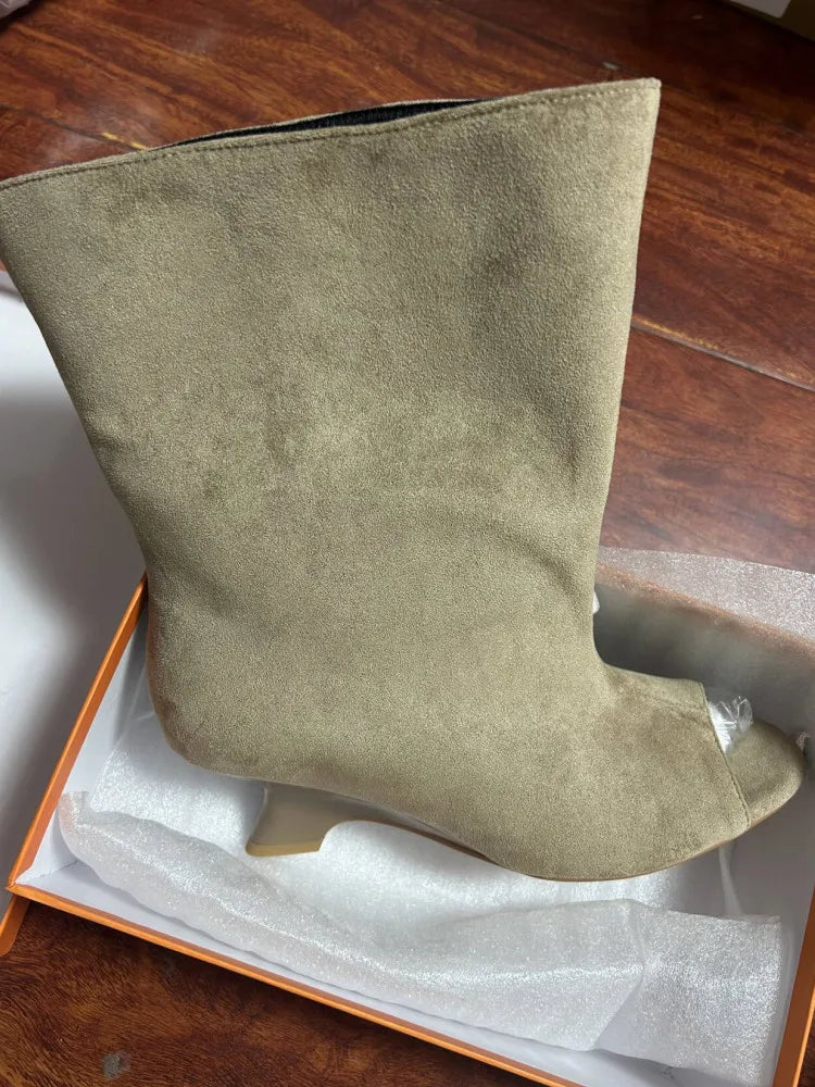 2025 Spring and Autumn Women's Fish Mouth Thick High Heels Knee Length Women's Boots Fashion Slope Heel Large Summer Cool Boots