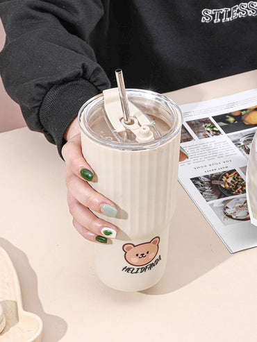 WORTHBUY Cute Bear Plastic Water Cup Large Capacity Water Bottle Travel Leak-proof Tumbler With Lid Portable Milk Coffee Cups