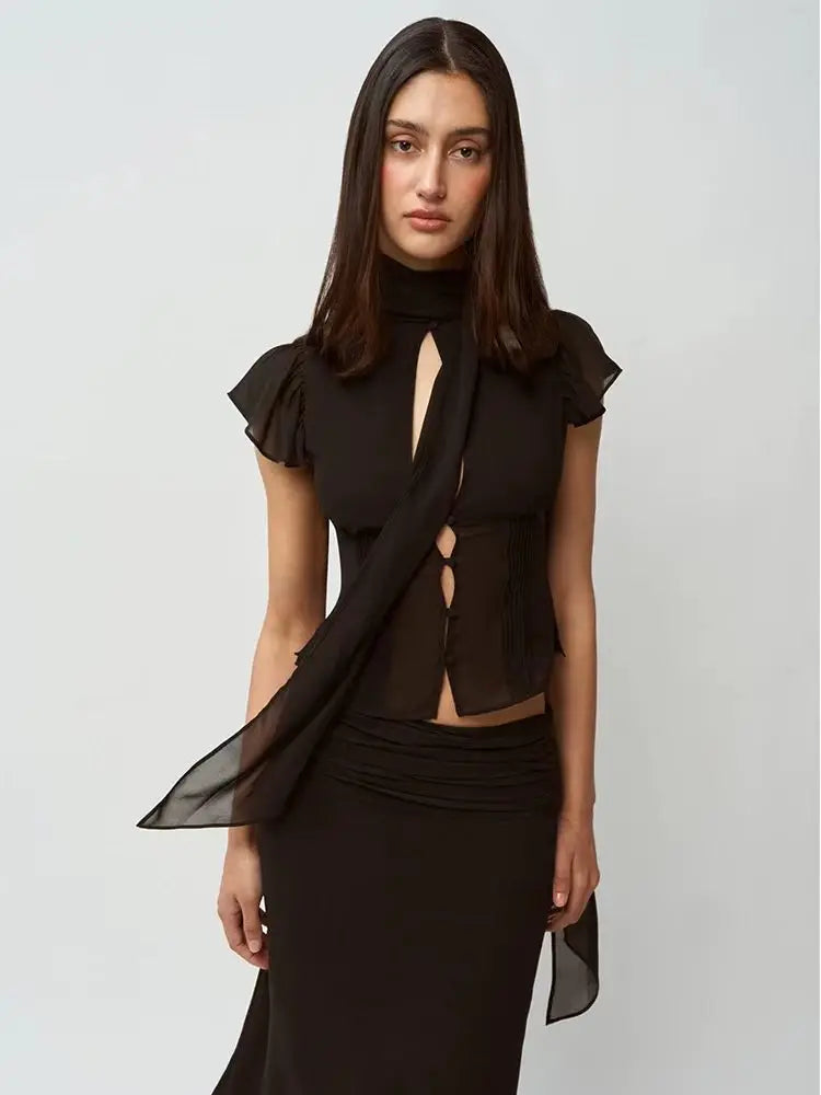 Guiz Apricot Silk Scarf Ribbon Chiffon Shirt Semi-Transparent High-Waist Waist-Cinching Top Low-Waist Pleated Skirt