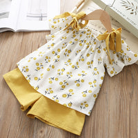 Casual Girls Clothing Sets Summer Kids Clothing Sets Sleeveless Floral T-shirt Shorts Pants 2Pcs Suit Bow Children Girl Suit