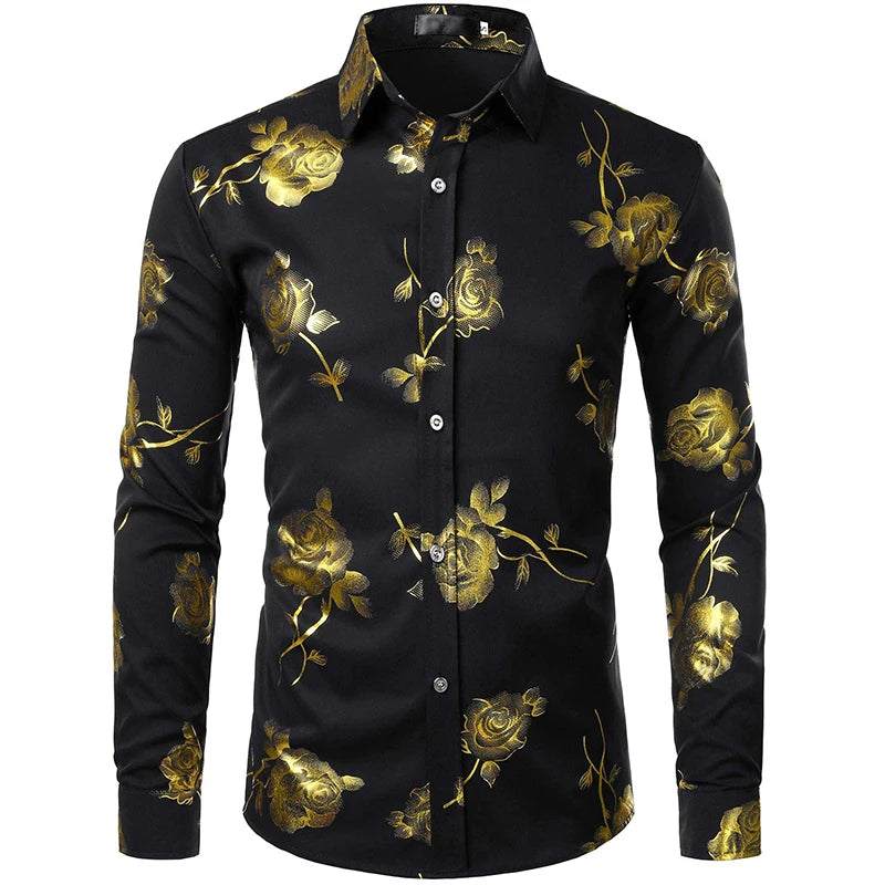 2024 New Men's Gold Shirt 3D Rose Print Slim Fit Button-Down Party Dress Shirt Athleisure Fashion Comfortable Long Sleeve