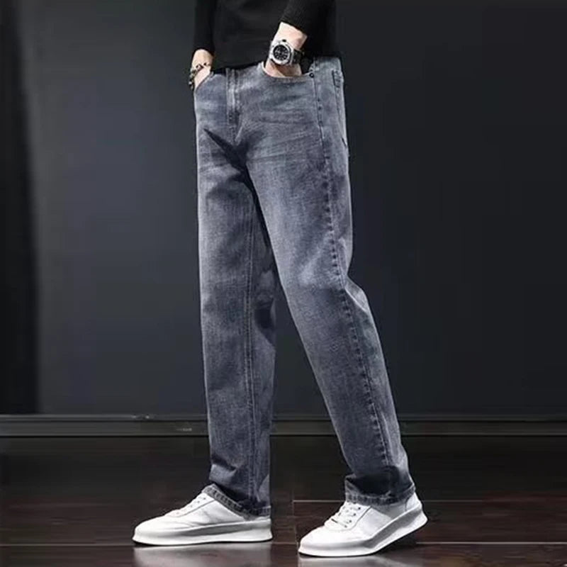 2025 New Men Fashion Loose Straight Elasticity Jeans Male Wear-Resistant Look Taller Denim Pants Smart Casual Dark Gray Trousers