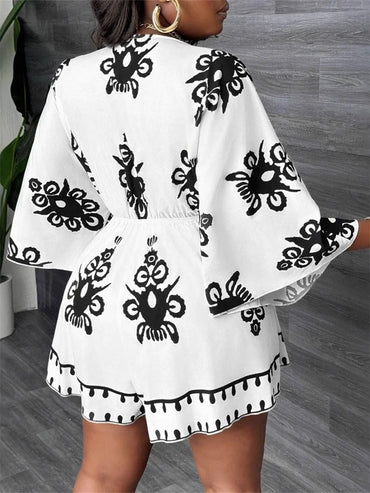 Wmstar Plus Size Jumpsuit Women Print Short Sleeve Bodysuit Loose Sexy Deep V Neck Summer Holiday Rompers Wholesale Dropshipping