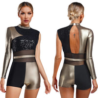 Womens Jazz Latin Dance Leotard Boyshort Asymmetrical Glittery Sequins Metallic Shiny Bodysuit Chacha Ballet Ballroom Dancewear