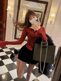 2023 Spring Red Knitted Cardigan Women Long Sleeve Slim Sweater Office Lady Outwear Y2k Crop Tops Female Korean Fashion Clothing