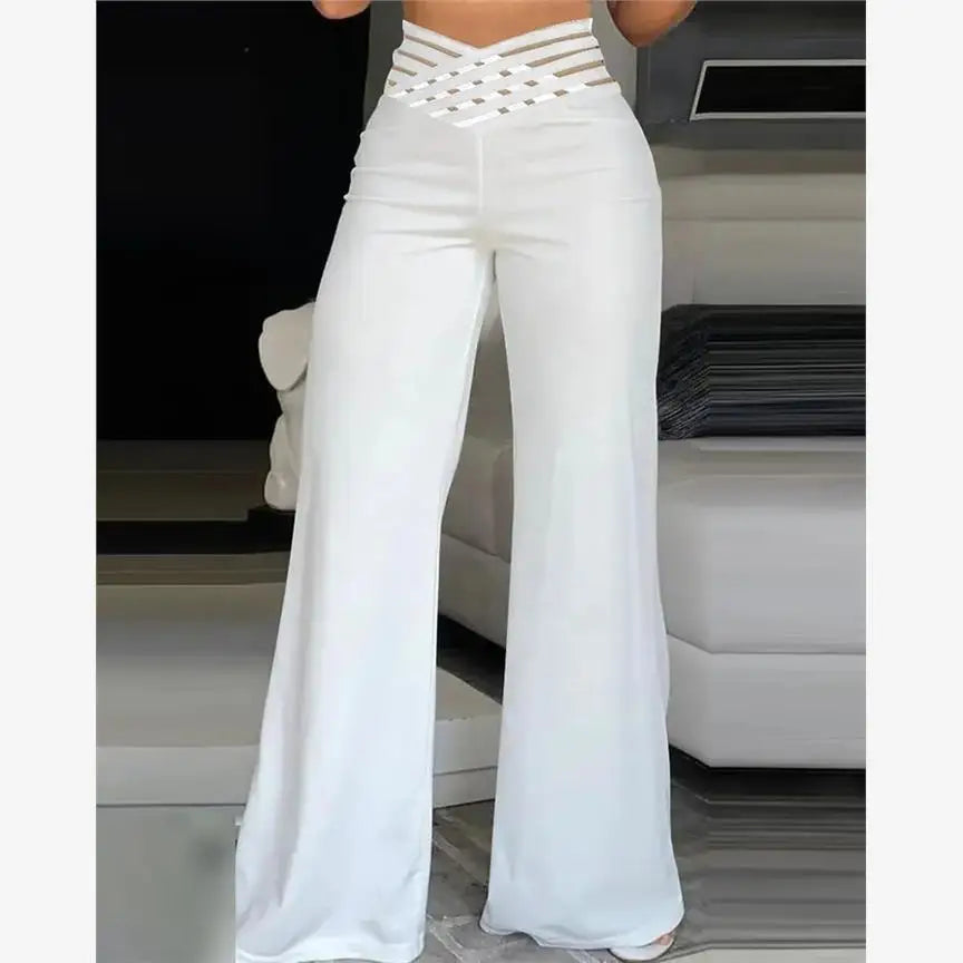 High Waist Sheer Mesh Patch Wide Leg Pants Women's Casual Trousers Polyester Long Pants Versatile Style Regular Thickness