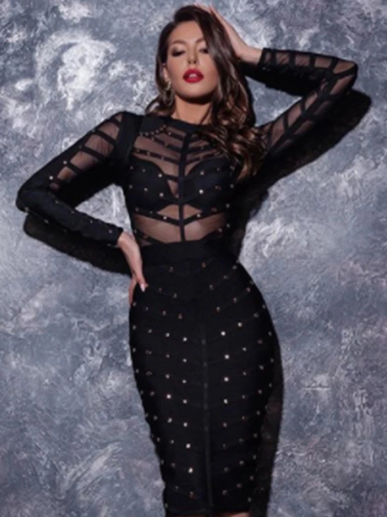 Seamyla New Spring Celebrity Party Dress Women Knee Length Bodycon Dresses Sexy Mesh O Neck Long Sleeve Beaded Bandage Dresses