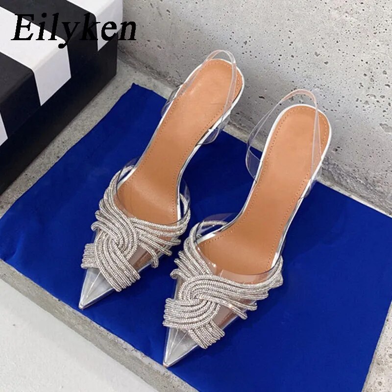 Eilyken Sexy Crystal Chain Thin High Heels Women Pumps Designer PVC Transparent Pointed Toe Stripper Party Ladies Shoes