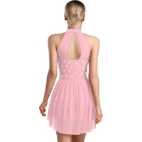 Women Latin Cha-cha Dance Performance Costumes Rhinestone Applique Sleeveless Leotard Skating Ballet Samba Rumba Tango Dancewear