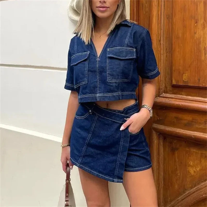 MUJER Blue Denim Shirt Woman Short Sleeve Cropped Shirt Women Summer Short Tops Woman Streetwear Y2k Stylish Women's Blouses