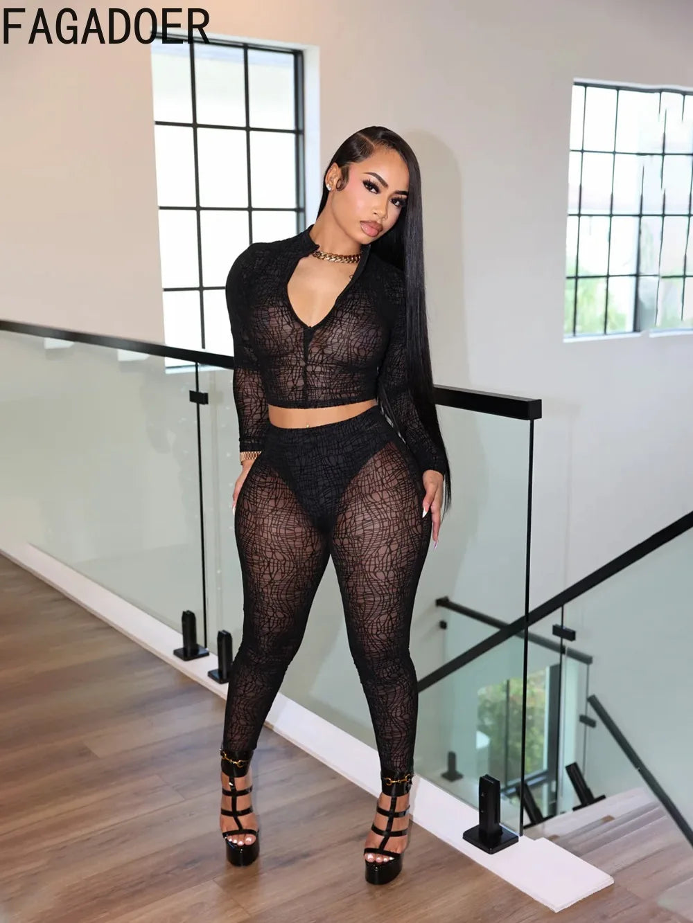 FAGADOER Sexy Stripe Patchwork 2 Pieces Set for Woman Outfit Solid Long Sleeves Crop Top and Leggings Pants Female Streetwear