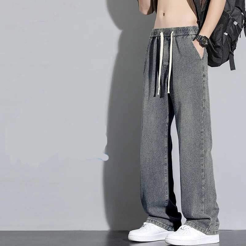 2025 men's fashionable loose wide leg jeans, casual straight leg high street retro loose jeans, casual comfortable jeans, elasti