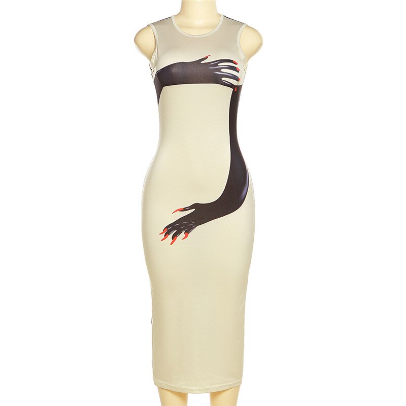 Habbris Summer Sexy Hand Graphic Bodycon Midi Dresses Club Outfit For Women 2023 Sleeveless O Neck Party Long Dress Khaki Dress