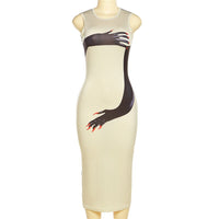 Habbris Summer Sexy Hand Graphic Bodycon Midi Dresses Club Outfit For Women 2023 Sleeveless O Neck Party Long Dress Khaki Dress