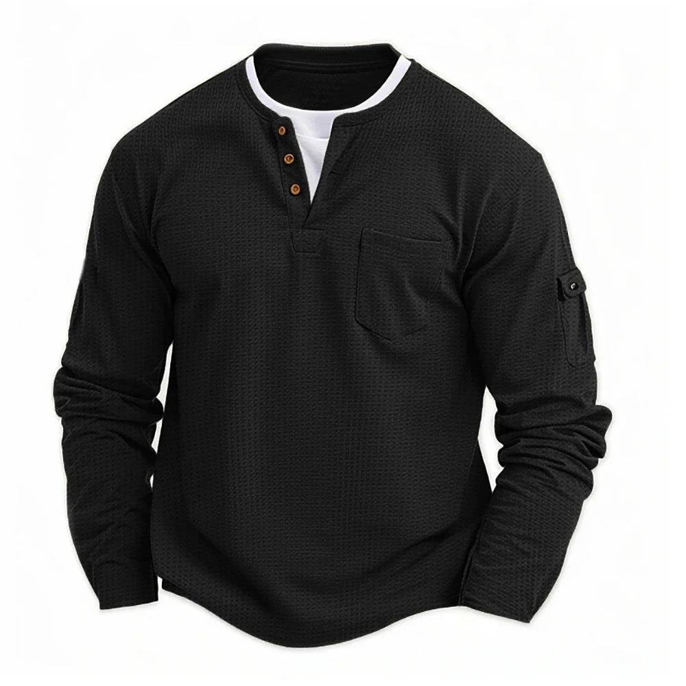 Men's New  Button Henley neck Shirt Long Sleeve Casual Button Solid color T-Shirt Fashion Waffle Cotton Fake two-piece T-Shirt