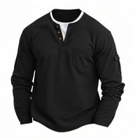 Men's New  Button Henley neck Shirt Long Sleeve Casual Button Solid color T-Shirt Fashion Waffle Cotton Fake two-piece T-Shirt