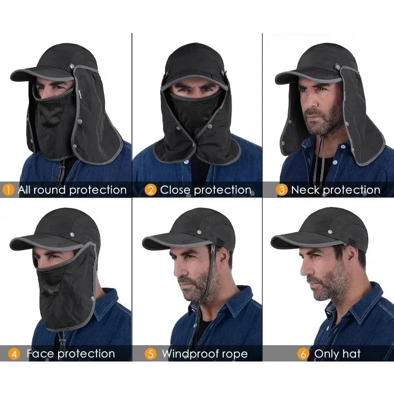 UPF 50+ Sun Hat Foldable with Face Mask Neck Cover, Lightweight Breathable Windproof Fishing Hat for Men Women OutdoorTravel