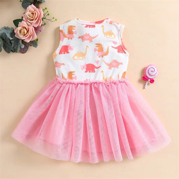 2023 Girls Summer Casual Dress Dinosaur Print Gauze Round Neck Sleeveless Princess Dresses for Kids