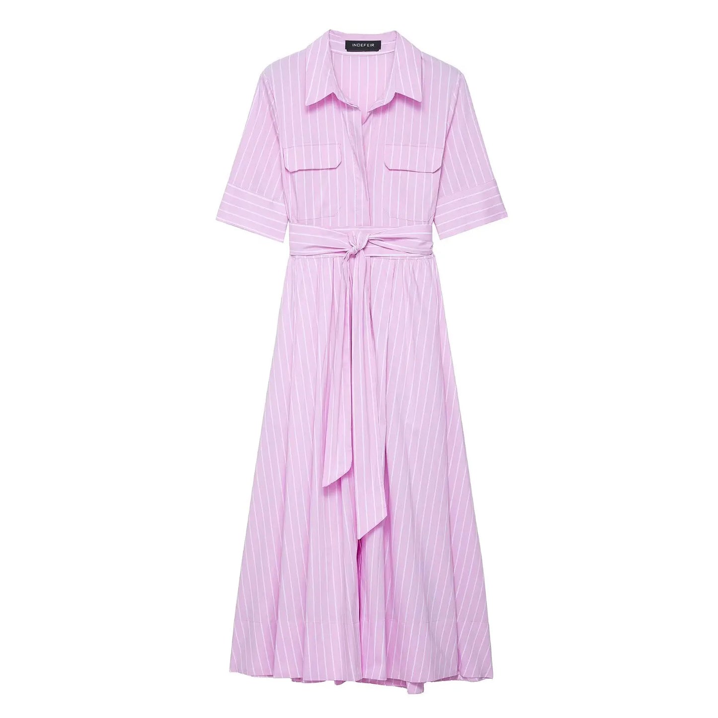 HH Women Fashion Lapel Short Sleeve Pocket Single-Breasted Belt Decorate Midi Dress Female Summer Elegant Slim Pleated Dress