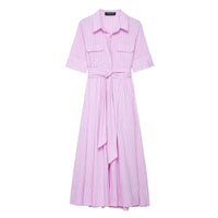 HH Women Fashion Lapel Short Sleeve Pocket Single-Breasted Belt Decorate Midi Dress Female Summer Elegant Slim Pleated Dress