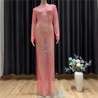 Sexy See Through Rhinestone Club Split Dress Women Crystal Glitter Evening Party Dresses Long Fishnet  Beach Slash Neck Dress