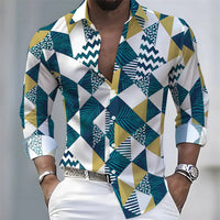 Summer lightweight men's printed long-sleeved shirt, retro floral plaid color-blocked casual shirt, Hawaiian vacation style top.