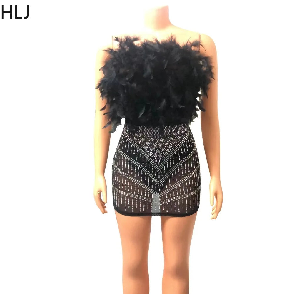 HLJ Feather Rhinestone Woman Evening Party Mini Dress Dimonds Mesh Patchwork Sexy Strap Dress Women Elegant Birthday Club Outfit