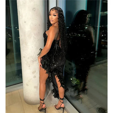 Black Summer Women Strapless Sleeveless Bodycon Sexy Glam Sequins Dress Feather Irregular Bling Long Night Club Party Dresses