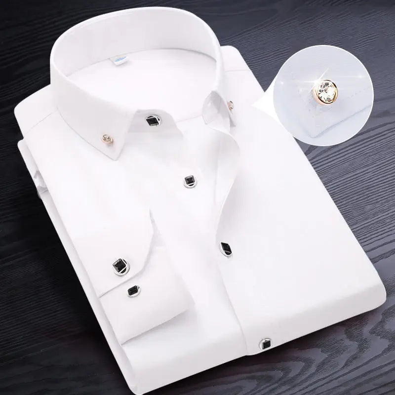 Men's Button-down Shirt Long Sleeve Casual Formal Business Dress Shirts Pocket-less Solid Color Blue White Tops Korean Slim Fit