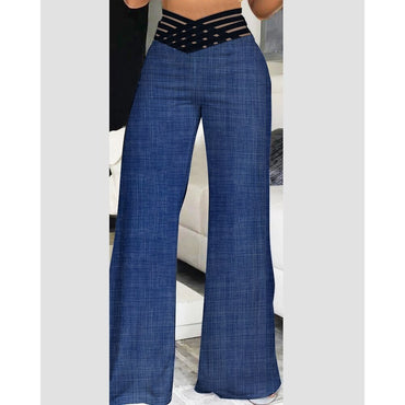 Summer Women Crisscross Sheer Mesh Patch Pants 2023 Casual Female High Waiat Wide Leg Work Pants Office Long Trouses Clothing