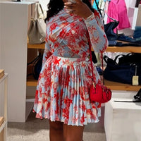 New African Fashion Women Dress set Leaf Print Long Sleeve O-neck Wrap Front Pleated Dress Vacation Party Birthday Dresses